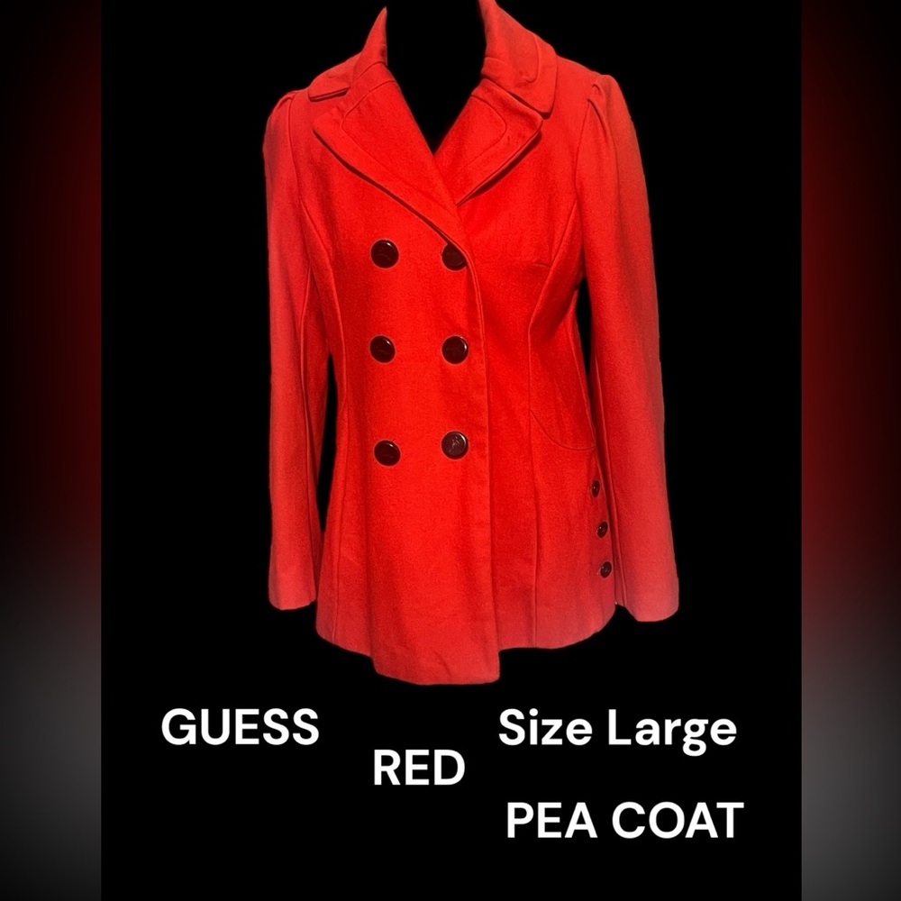Guess, Size Large, Red, Wool Blend, Button-Up Pea… - image 1